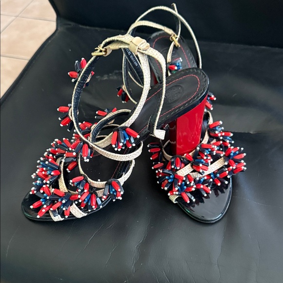 Tory Burch Gold Strap Heels with Red & Navy Bead Embellishments - Picture 3 of 5